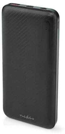Nedis Power bank 10000 mAh con due uscite 3.0A, porta USB-A e USB-C 18W per ricarica veloce Quick Charge 3.0, caricatore portatile con indicatore LED