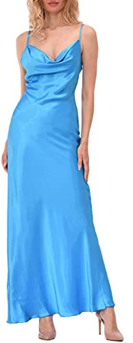 ZZLBUF Robe longue en satin avec bretelles spaghetti et col bénitier pour femme, bleu, M
