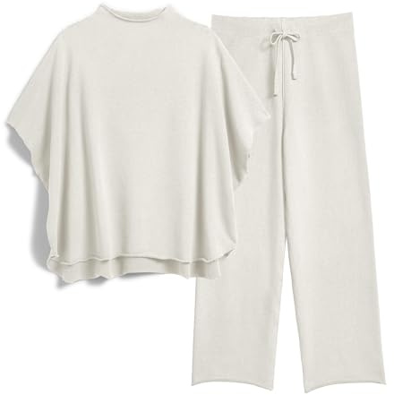 SeeLuNa Women's Two Piece Outfits 3/4 Batwing Sleeve Capelet Crew Neck Pullover Top Wide Leg Pants Lounge Set(Light Gray,S)