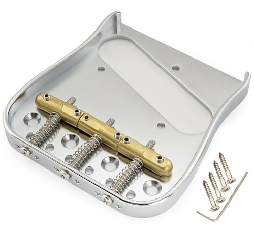 Musiclily Ultra 54mm Gebogene Telecaster Steg Bridge mit Messingplatte Kompensiert 3 Messing Saitenreiter für Tele Style E-Gitarre, Chrom | Kompensiert 3 Messing Saitenreiter, für Tele Style E-Gitarre