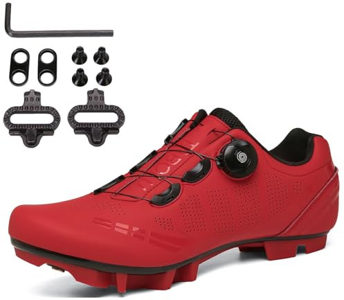 PENXZT Scarpe ciclistiche MTB per Uomo Scarpe MTB compatibili con Pedali SPD 2 bulloni con Tacchetti, Scarpe da Mountain Bike per all'aperto,Rosso,43 EU