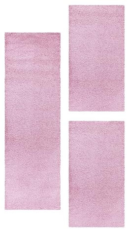 Carpetsale24 Bettumrandung Schlafzimmer 3teilig Shaggy Hochflor Teppich Rosa Bettvorleger Schlafzimmer Bettset: 2 St. 100x200 cm | 1 St. 80x250 cm - Flauschiger Teppich Läufer Set Einfarbig Design