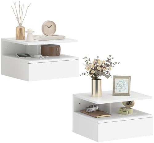 HOMCOM Floating Bedside Table Set of 2 Wall Mount Storage Drawer White