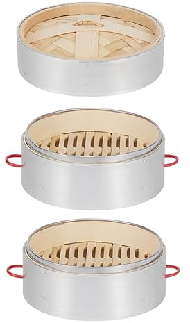 Luminexia Vaporiera Bamboo 3 Livelli con Coperchio,Cestello per la Cottura a Vapore in bambù,Pentola per Cottura a Vapore in Acciaio Inossidabile,per la Cottura di Dim Sum e Cottura a Vapore,3 Stili