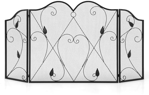 LIFEZEAL Parascintille per Camino a Legna, Pieghevole, Paraschizzi per Caminetto, Protezione di Stufa, Grilla a 3 Pannelli, Schermo in Metallo, Motivo a Fiori, Rete Decorativa, 134,5x1,8x73,5cm, Nero