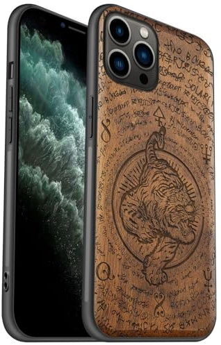 Carveit Coque en Bois pour iPhone 11 Pro Étui Protection Artistique Cover TPU Souple de téléphone Antichoc Compatible avec Apple 11 Pro Etui (Noyer-La Descente du Tigre)