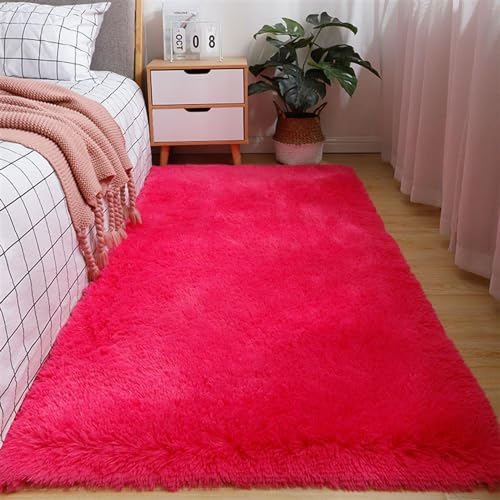 GueTTO Hochflor Teppich Modern Flauschig Weich Groß für Wohnzimmer Deko Schlafzimmer Flur Läufer Outdoor Carpet Langflor Fellteppich Kunstfell Shaggy Einfarbig Bettvorleger,Rose red,120x160cm