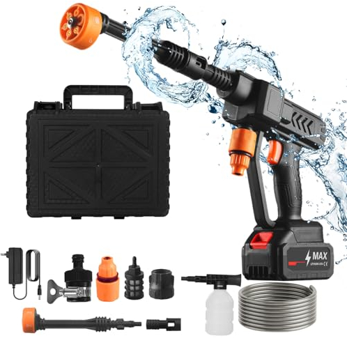 Juanya Cordless High Pressure Washer, 60Bar Portable Pressure Water Gun, Car Washer Cleaner with Adjustable 6 Modes Nozzle with 2 Rechargeable Batteries for Car Floor Garden Cleaning Planting