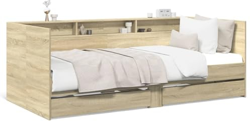 Faroom Tagesbett mit Stauraum, Schlafcouch mit 2 Schubladen und Lattenrost, Tagesbett Holz,Einzelbett 90 x 190 cm, Funktionsbett Stauraumbett mit Rückenlehne, Jugendbett Kinderbett Sonoma Eiche