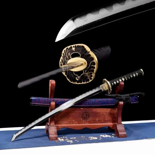 78cm handgefertigtes SamuraiSchwert,GemusterteStahl Klinge mit handgebranntem Muster,Naturholz Saya und geschnitzter Tsuba aus reinem Kupfer,Katana für Geschenke,Sammeln,Kampfsport,Halloween,Maskerade