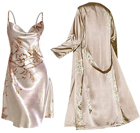 Peignoir léger en satin pour femme - Ensemble de vêtements de nuit - Kimono - Robe de chambre à bretelles spaghetti - Robe de nuit courte - Pour mariage - Nuisette - Ensemble pyjama en satin avec