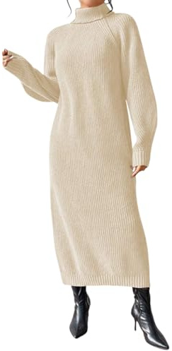 Shownicer Robe Femme Col Roulé Pull Hiver Manche Longue Tricot Décontractée Élégante Casual Maxi A Beige M