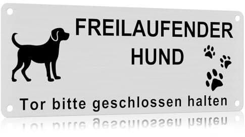 Vorsicht Freilaufender Hund Schild, Achtung Hund Schild, Reflektierendes Aluminium, Warnschild Hunds Aluminium mit 4 Vorgebohrten Löchern, Schilds Warnung vor Dem Hunds für den Innen/Außen, 25x9cm