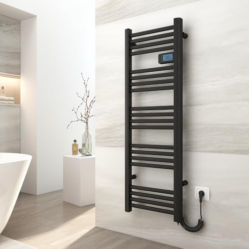 EMKE Termoarredo elettrico 120x40cm, 450W, Radiatore da bagno con display digitale, scaldasalviette elettrico bagno diritto (Nero)