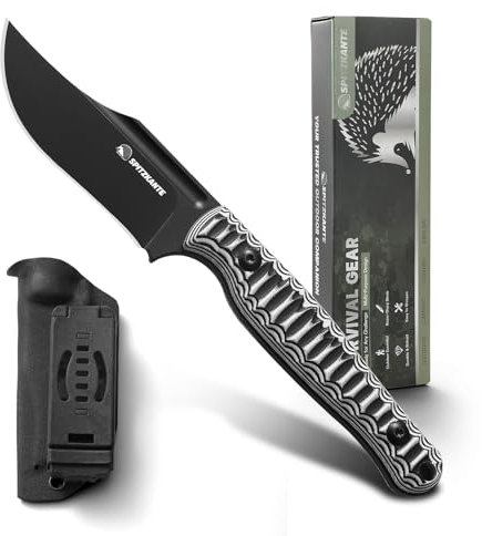 SPITZKANTE Gürtelmesser Quer LW-Y, D2 Stahl Klinge, 8, 9 cm Klingenlänge Full-Tang Design, Survival Messer mit Kydex Scheide (D-Schwarze Klinge + Zweifarbiger G10-Griff (Weiß/Schwarz))