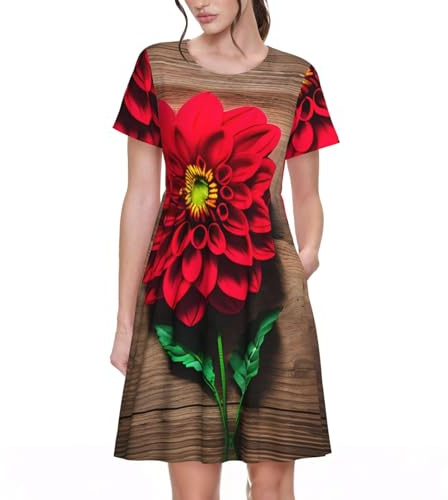 Wooden Board Retro Flower Red Dahlia Print Chic Women's Dresses,Casual Maxi Dresses with Pockets,Short Sleeve A-Line Dress, Black, M
