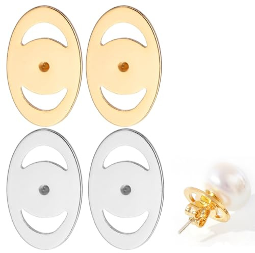 THXFUNAREA 4 PCS Elevadores de Pendientes, Botón Perforado Parte Trasera de Pendientes para Orejas Caídas Planos Bloqueo Respaldo de Soporte de Pendientes para Pendientes Grandes Pesados (oro+Plata)