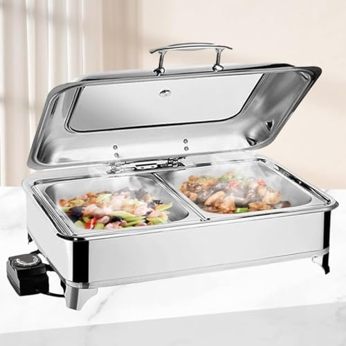 9L Chafing Dish Scaldavivande Elettrico per Buffet Acciaio Inox Professionale, Chafing Dish Buffet Elettrico Temperatura Regolabile con Coperchio in Vetro Trasparente per Buffet per Buffet