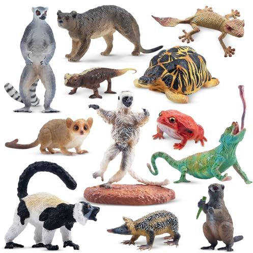 TOYMANY Lot de 12 figurines d'animaux de la forêt, jouets réalistes Madagascar, animaux en plastique, animaux de la jungle sauvage, figurines d'animaux de zoo, décoration de gâteau, cadeau