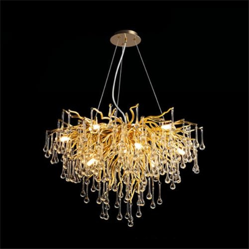 Leomix Moderner Kristallleuchter,Goldener Baumzweig-Kronleuchter Pendelleuchten Mit Hoher Decke Über Dem Tisch Kücheninsel-Hängeleuchte Für Esszimmer, Wohnzimmer,Round 60cm