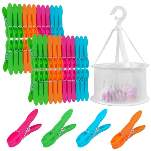 DDhayyp Clothes Pegs For Washing Line Pack of 48, Plastic Laundry Pegs Non-Slip Washing Pegs Strong Grip Washing Line Pegs with a Washing Basket for Home and Garden