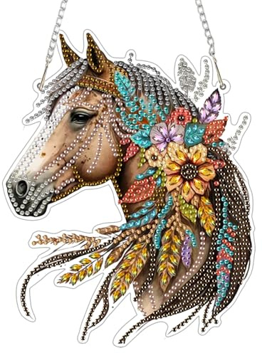 GHHKUD Pferde Diamond Painting Fensterbilder Beidseitige, Blumen Diamond Painting Anhänger mit Kette, Diamant Malerei Bilder Kristall Fensterbilder, Wandbehang Kit für Eingang und Fenster Wand Decor