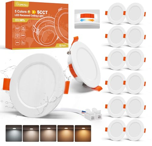 Tomosu Lot de 12 5CCT Spot Led Encastrable 68mm, 5W 550LM Spot Extra Plat IP44 Spots Encastrés Salle de Bain, 220V Spots de Plafond Blanc Chaud Blanc Neutre Blanc Froid, Trou Ø68-80mm, Non Dimmable