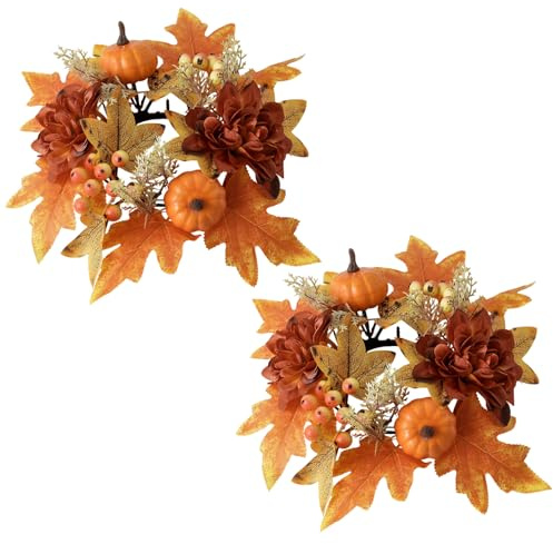 Herbstdeko Kerzenringe, 2 Stück Herbst Dekoration Kerzenkranz Ahornblättern kürbis Deko, Herbst Deko Kerzenringe für Stabkerzen, Kerzen Dekorative Kränze für Thanksgiving Innen Tisch Tischdeko (B)