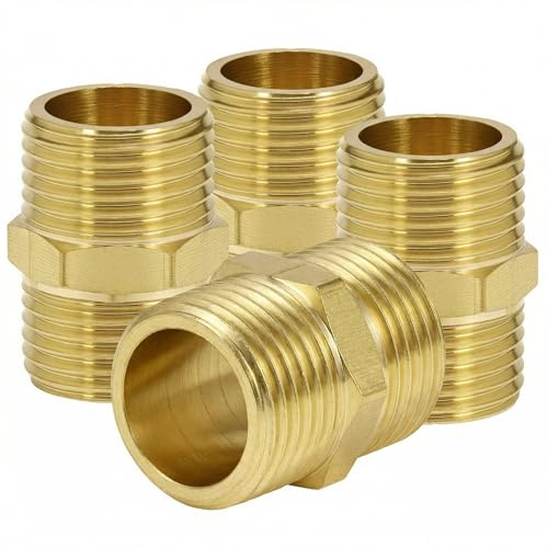 QWORK® Lot de 4 Mamelon Double 1/2 Pouce en Laiton Antirouille, Raccords Hexagonaux pour pour Eau Potable, Plomberie et Systèmes de Chauffage