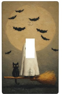 Cute Ghost White Cat Sitting On Broom Light Switch Cover Decorative Single Toggle 1 Gang Wall Plate For Kitchen Farmhouse Bedroom Bathroom Art Decor