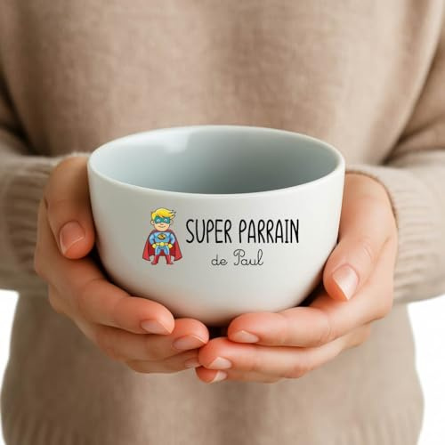 Générique Bol Super Parrain personnalisé avec prénom – Cadeau Noël, Baptême ou Remerciement Parrain – Bol céramique blanche