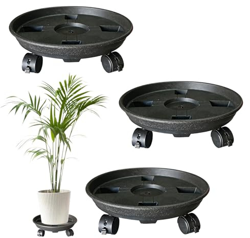 eupdd Sottovaso con Ruote: 3 Pezzi 30cm Rullo per Piante, Base con Ruote per Vasi con Freno per Interni ed Esterni per Balcone Giardino