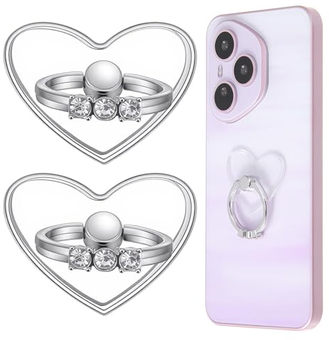 2 Pack Transparent Phone Ring, 360° Rotation Finger Phone Stand with Diamonds, Adjustable Heart Shape Ring Holder Grip with Smartphones and Tablets