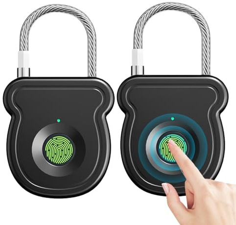 GOEDCH 2 stycken smart fingeravtryck hänglås: 0,5 s upplåsning typ C fingeravtryck laddningslås med USB-nyckel, litet smart hänglås för skåp gym kontor hus trädgård skåp