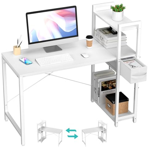 TESSTINA Mesa Escritorio con Estante y Cajón, 120x50 cm Escritorio con Cajones, Altura Ergonómica 75 cm, Estante 3 Niveles, Ordenador Ahorro Espacio para Home Office, Estudio, Blanco