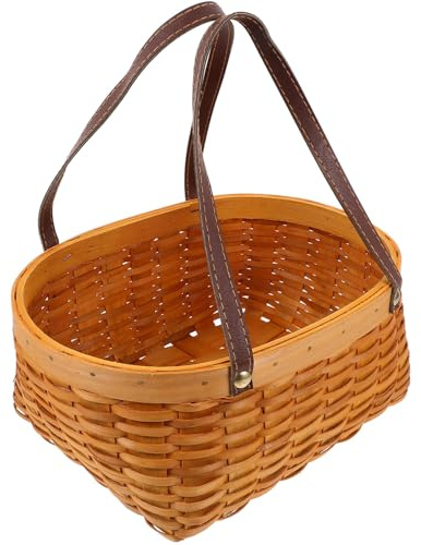 SUPVOX Cestino Portaoggetti Intrecciato a Mano in Legno e Pu, Cestino da Cucina Portatile per Trasporto Cibo e Raccolta Frutta, Resistente e Leggero per Picnic, Campeggio e Uso Domestico