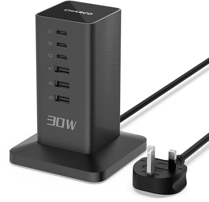CHARCO 30W Multi USB Charger, 6-Port Phone Charger with 2m Cord | USB Charging Station for Multiple Devices, Charging Tower for Smartphones, Tablets