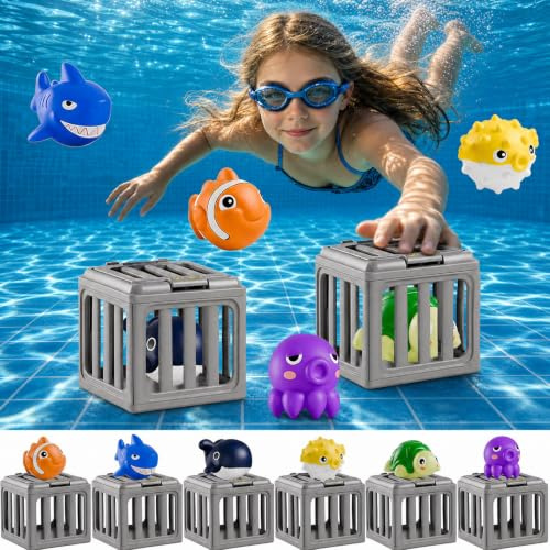 6PCS Swimming Pool Diving Toys, Pool Toys with 6 Ocean Animals & 6 Cages, Swimming Pool Toy for Swimming Training & Family Fun, Backyard, Seek And Find Gems Game For Bath Pool Water Park Sea