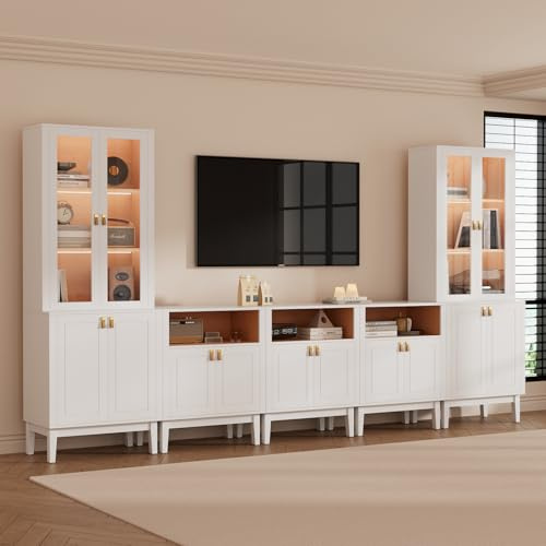 VOWNER TV-Schrank mit LED, 240cm B Wohnwand für TV bis 50 Zoll, TV Board Set mit Glastüren & Bücherregalen, Fernsehschrank Auch Als Küchenschrank Nutzbar, 240 x 180 x 40 cm (Weiß, 5PCS)