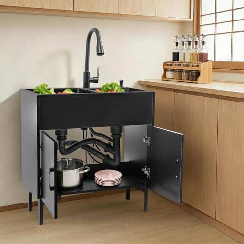 meiliwmlo 75×41×78cm Wäschespüle mit ausziehbarem Wasserhahn Freistehend Spüle mit Schrank Spülbecken Set Tragkraft 30KG Schrankfüße aus kaltgewalztem Stahl für Küchen Restaurants Garagen Hotels usw