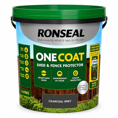 One Coat Fence Life Paint - Garden Shed & Fence Paint for Rough Wood - Trellis, Sheds & Wooden Structures (Charcoal Grey, 5 Liter) Free H Duty Glove