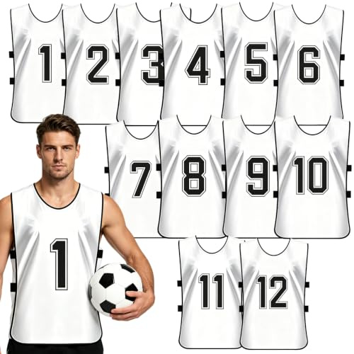 12 Stück Fußball Leibchen Fussball Herren, Trainingsweste Wendbare Nummerierte Hallenfussball Trainingsleibchen Fussballtraining Leibchen mit Gürtel für Fußball Basketball Volleyball Handball, Weiß