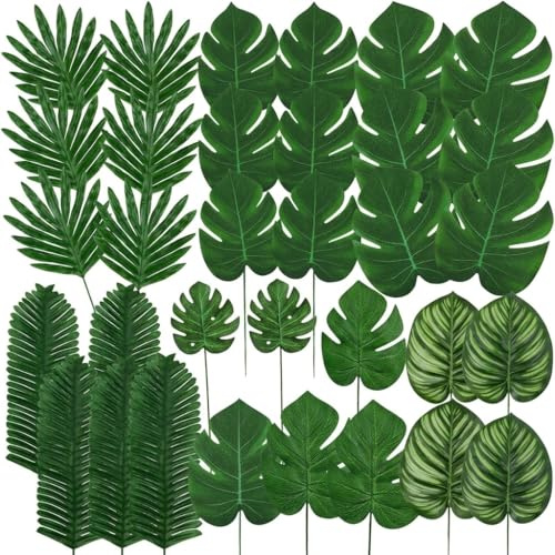 Kiuiom 50 foglie tropicali, decorazioni per compleanno, foglie di palma artificiali, foglie di Monstera, decorazioni di giungla, per spiagge, feste, compleanni