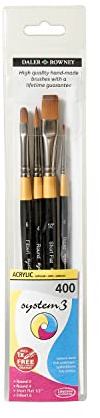 Daler-Rowney System3 syntetiskt hår kort handtag akryl borste plånbok set, 4 blandade borstar, perfekt för professionella konstnärer och studenter