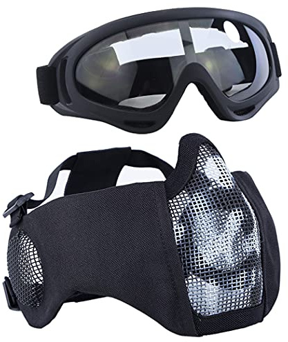 Aoutacc - Set di accessori protettivi per softair, maschera a metà viso in rete con protezione per le orecchie, e occhialini per CS / caccia / paintball / tiro, Wb
