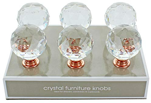 G Decor Pack of 6 x 40mm Rose Gold Clear Round Crystal Glass Door Knobs Kitchen Cabinet Cupboard Drawer Pull Handles