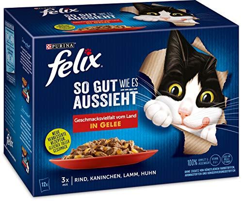 Felix Katzennassfutter So gut wie es aussieht in Gelee Geschmacksvielfalt vom Land, 6er Pack (6 x 12 x 85 g )Portionsbeutel