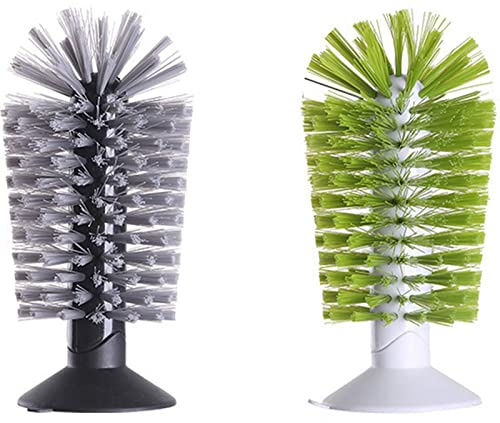 2 PCs Bottle Cleaning Brush with Suction Base，Bar Kitchen Sink Washing Cleaning Tools Set，Glass Cup Bristle Brush Cleaner for Water Bottle，Cleans Vases, Glass，Goblet, Pitchers & Mugs，Green & Grey