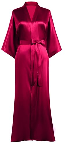 Prodesign Morgonrock, dambadrock, satin, kimono, lång med bälte, enfärgad, nattkläder, lätt sovrock, röd, one size