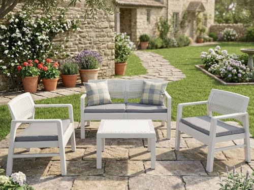Dmora - Set Salotto da Esterno Carpi, Composizione da Giardino con 2 poltrone, 1 Divano ed 1 tavolino, Salottino Effetto Rattan con Cuscini, 100% Made in Italy, Bianco